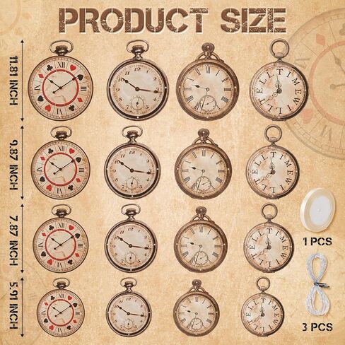 Epakh 20 Pcs Vintage Clock Cardboard Hanging Banner Wonderland Tea Party Decoration Wonderland Clock Garland Decoration Background for Birthday Baby Shower Party Supplies Girls Princesses in Saudi Arabia