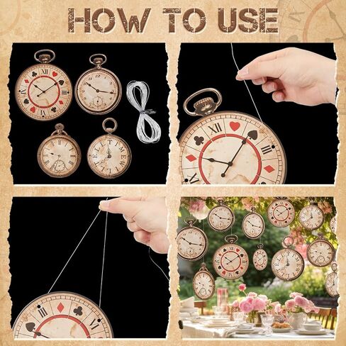 Epakh 20 Pcs Vintage Clock Cardboard Hanging Banner Wonderland Tea Party Decoration Wonderland Clock Garland Decoration Background for Birthday Baby Shower Party Supplies Girls Princesses in Saudi Arabia