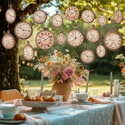 Epakh 20 Pcs Vintage Clock Cardboard Hanging Banner Wonderland Tea Party Decoration Wonderland Clock Garland Decoration Background for Birthday Baby Shower Party Supplies Girls Princesses in Saudi Arabia
