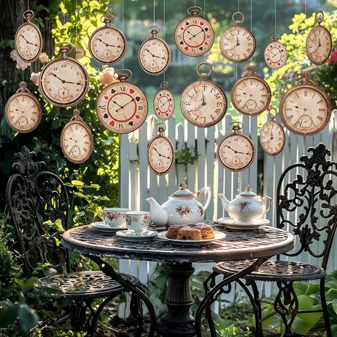 Epakh 20 Pcs Vintage Clock Cardboard Hanging Banner Wonderland Tea Party Decoration Wonderland Clock Garland Decoration Background for Birthday Baby Shower Party Supplies Girls Princesses in Saudi Arabia