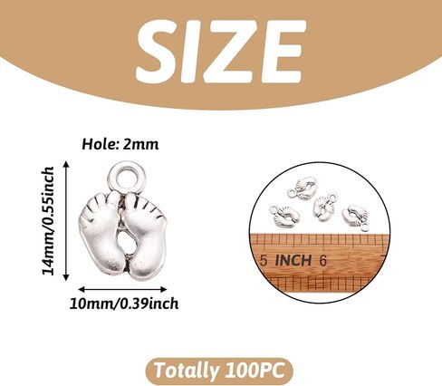 Pandahall 100pcs Tibetan Style Alloy Baby Foot Print Pendants Charms forLove Mom Jewelry Making Supplies Bracelet Keychain Gifts Baby Shower Antique Silver 14x10mm/0.55x0.39inch in Saudi Arabia