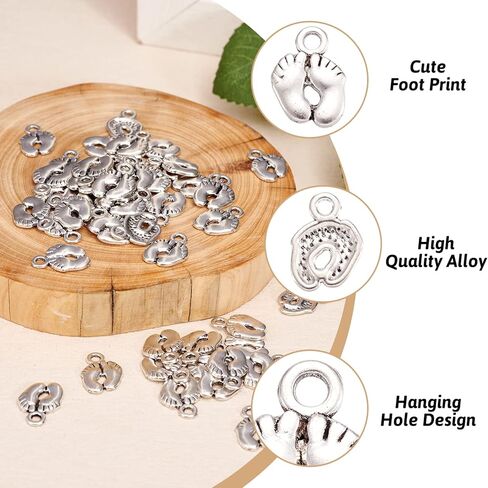 Pandahall 100pcs Tibetan Style Alloy Baby Foot Print Pendants Charms forLove Mom Jewelry Making Supplies Bracelet Keychain Gifts Baby Shower Antique Silver 14x10mm/0.55x0.39inch in Saudi Arabia