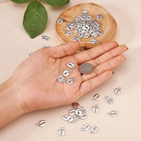 Pandahall 100pcs Tibetan Style Alloy Baby Foot Print Pendants Charms forLove Mom Jewelry Making Supplies Bracelet Keychain Gifts Baby Shower Antique Silver 14x10mm/0.55x0.39inch in Saudi Arabia