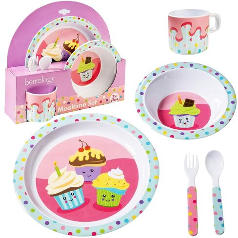 Bentology 5 Pc Melamine Dinnerware Mealtime Set Toddlers & Kids, Dinosaur | Includes Raised Edge Plate & Bowl, Cup, Fork & Spoon- Dishwasher Safe, BPA Free- Cute Durable Feeding Dish, Break-Resistant in Saudi Arabia