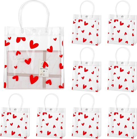 Roowest 50 Pcs Valentine Heart Clear Gift Bag with Handle 8 x 8 x 3.15 Inch Transparent PVC Wrap Bags with Button Reusable Plastic Retail Shopping Bags for Valentine Gift Wedding Party Favor in Saudi Arabia