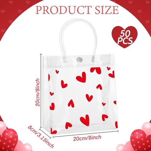 Roowest 50 Pcs Valentine Heart Clear Gift Bag with Handle 8 x 8 x 3.15 Inch Transparent PVC Wrap Bags with Button Reusable Plastic Retail Shopping Bags for Valentine Gift Wedding Party Favor in Saudi Arabia