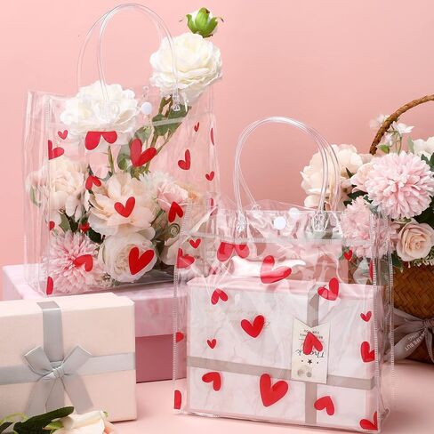 Roowest 50 Pcs Valentine Heart Clear Gift Bag with Handle 8 x 8 x 3.15 Inch Transparent PVC Wrap Bags with Button Reusable Plastic Retail Shopping Bags for Valentine Gift Wedding Party Favor in Saudi Arabia