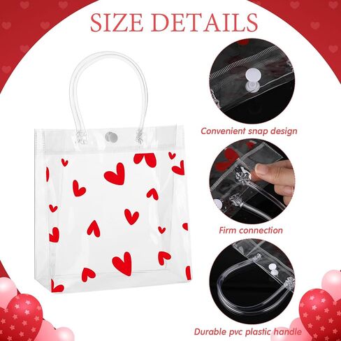 Roowest 50 Pcs Valentine Heart Clear Gift Bag with Handle 8 x 8 x 3.15 Inch Transparent PVC Wrap Bags with Button Reusable Plastic Retail Shopping Bags for Valentine Gift Wedding Party Favor in Saudi Arabia