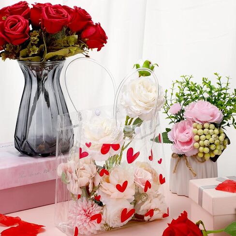 Roowest 50 Pcs Valentine Heart Clear Gift Bag with Handle 8 x 8 x 3.15 Inch Transparent PVC Wrap Bags with Button Reusable Plastic Retail Shopping Bags for Valentine Gift Wedding Party Favor in Saudi Arabia