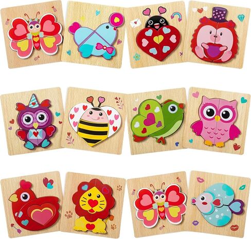 Capoda 12 Pack Valentines Animal Wooden Puzzles Wood Animal Jigsaw for Toddlers Montessori Preschool Learning Games Educational Toys for Boys Girls Classroom Exchange Gifts Party Favors in Saudi Arabia