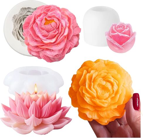 3 قطع قوالب شموع زهور ثلاثية الأبعاد لمستلزمات صنع الشموع، قالب سيليكون لزهرة اللوتس الفاوانيا الوردية للشموع المعطرة للعلاج العطري، صناعة الصابون بنفسك، ديكور منزلي من راتنج الإيبوكسي والجبس الأسمنتي in Kuwait