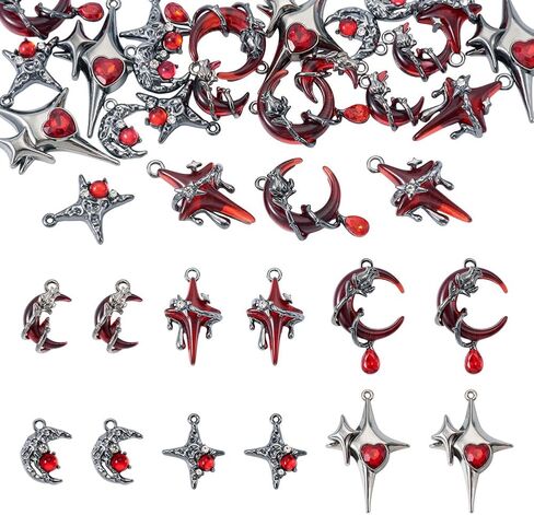 Beadthoven 24Pcs Gothic Red Star Moon Charms Resin Alloy Cross Moon Charms Vintage Sliver Gray Metal Dangle Pendants with Rhinestone for DIY Bracelet Necklace Earring Jewelry Making Home Party Decor in Saudi Arabia