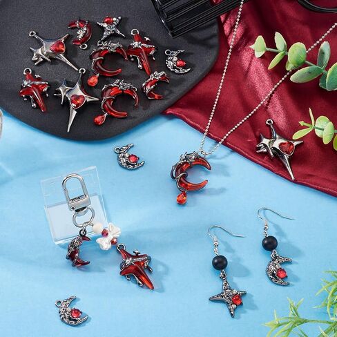 Beadthoven 24Pcs Gothic Red Star Moon Charms Resin Alloy Cross Moon Charms Vintage Sliver Gray Metal Dangle Pendants with Rhinestone for DIY Bracelet Necklace Earring Jewelry Making Home Party Decor in Saudi Arabia