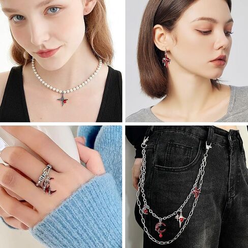 Beadthoven 24Pcs Gothic Red Star Moon Charms Resin Alloy Cross Moon Charms Vintage Sliver Gray Metal Dangle Pendants with Rhinestone for DIY Bracelet Necklace Earring Jewelry Making Home Party Decor in Saudi Arabia