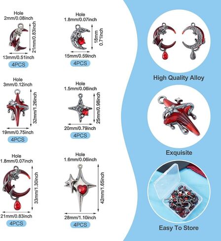Beadthoven 24Pcs Gothic Red Star Moon Charms Resin Alloy Cross Moon Charms Vintage Sliver Gray Metal Dangle Pendants with Rhinestone for DIY Bracelet Necklace Earring Jewelry Making Home Party Decor in Saudi Arabia