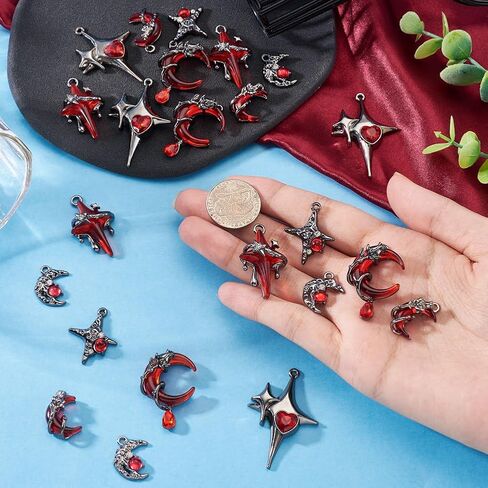 Beadthoven 24Pcs Gothic Red Star Moon Charms Resin Alloy Cross Moon Charms Vintage Sliver Gray Metal Dangle Pendants with Rhinestone for DIY Bracelet Necklace Earring Jewelry Making Home Party Decor in Saudi Arabia
