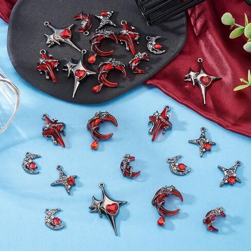 Beadthoven 24Pcs Gothic Red Star Moon Charms Resin Alloy Cross Moon Charms Vintage Sliver Gray Metal Dangle Pendants with Rhinestone for DIY Bracelet Necklace Earring Jewelry Making Home Party Decor in Saudi Arabia