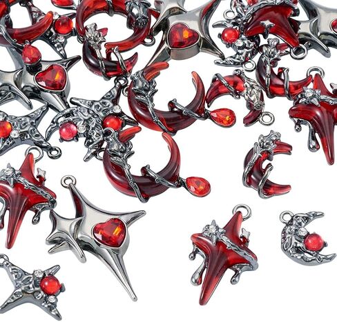 Beadthoven 24Pcs Gothic Red Star Moon Charms Resin Alloy Cross Moon Charms Vintage Sliver Gray Metal Dangle Pendants with Rhinestone for DIY Bracelet Necklace Earring Jewelry Making Home Party Decor in Saudi Arabia