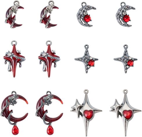 Beadthoven 24Pcs Gothic Red Star Moon Charms Resin Alloy Cross Moon Charms Vintage Sliver Gray Metal Dangle Pendants with Rhinestone for DIY Bracelet Necklace Earring Jewelry Making Home Party Decor in Saudi Arabia