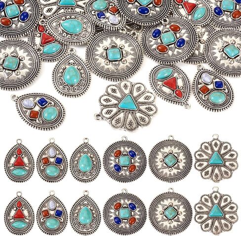 24Pcs Turquoise Charms Western Charms for Jewelry Making Vintage Antique Silver Pendants Teardrop Flower Flat Round Dangle for Bohemian Necklace Earring Making in Saudi Arabia