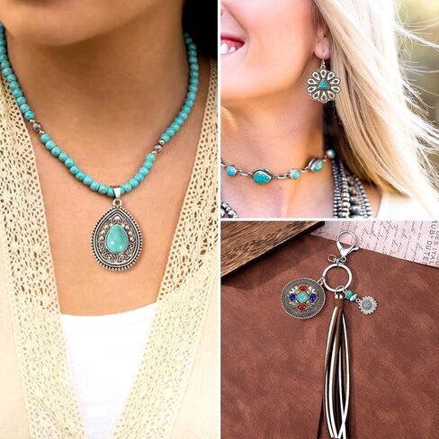 24Pcs Turquoise Charms Western Charms for Jewelry Making Vintage Antique Silver Pendants Teardrop Flower Flat Round Dangle for Bohemian Necklace Earring Making in Saudi Arabia