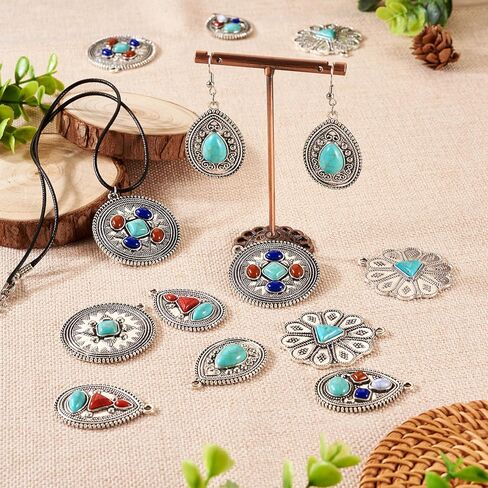 24Pcs Turquoise Charms Western Charms for Jewelry Making Vintage Antique Silver Pendants Teardrop Flower Flat Round Dangle for Bohemian Necklace Earring Making in Saudi Arabia