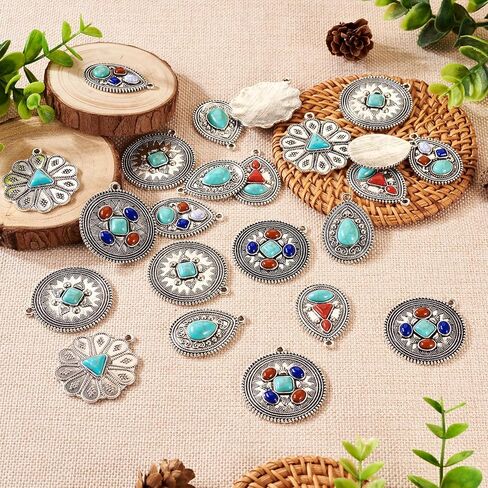 24Pcs Turquoise Charms Western Charms for Jewelry Making Vintage Antique Silver Pendants Teardrop Flower Flat Round Dangle for Bohemian Necklace Earring Making in Saudi Arabia