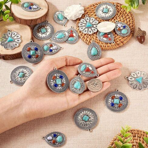 24Pcs Turquoise Charms Western Charms for Jewelry Making Vintage Antique Silver Pendants Teardrop Flower Flat Round Dangle for Bohemian Necklace Earring Making in Saudi Arabia