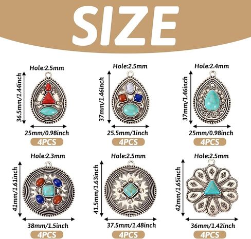 24Pcs Turquoise Charms Western Charms for Jewelry Making Vintage Antique Silver Pendants Teardrop Flower Flat Round Dangle for Bohemian Necklace Earring Making in Saudi Arabia