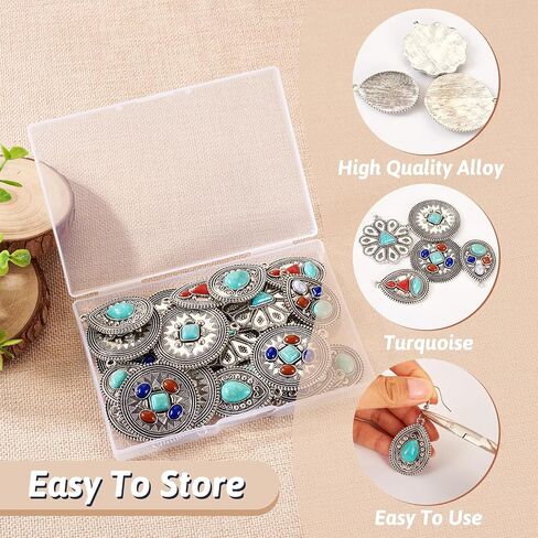 24Pcs Turquoise Charms Western Charms for Jewelry Making Vintage Antique Silver Pendants Teardrop Flower Flat Round Dangle for Bohemian Necklace Earring Making in Saudi Arabia