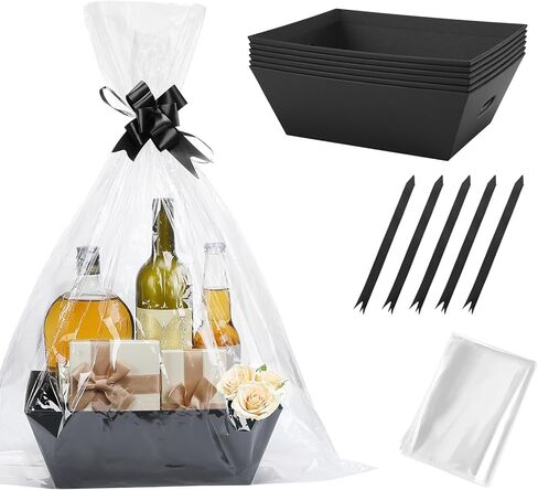 Beeplove 6 Sets Large Thick Kraft Baskets for Gifts Empty - Gift Baskets Empty Kit with Cellophane Wrap and Pull Bows for Valentine's Day Wedding Birthday Bridesmaid Baby Shower, Black in Saudi Arabia