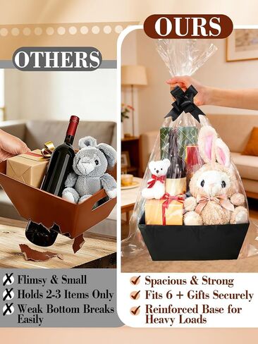 Beeplove 6 Sets Large Thick Kraft Baskets for Gifts Empty - Gift Baskets Empty Kit with Cellophane Wrap and Pull Bows for Valentine's Day Wedding Birthday Bridesmaid Baby Shower, Black in Saudi Arabia