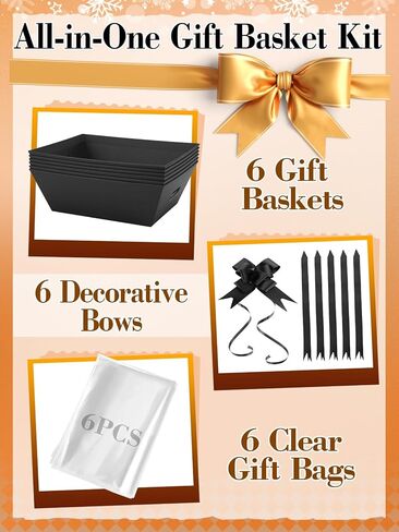 Beeplove 6 Sets Large Thick Kraft Baskets for Gifts Empty - Gift Baskets Empty Kit with Cellophane Wrap and Pull Bows for Valentine's Day Wedding Birthday Bridesmaid Baby Shower, Black in Saudi Arabia