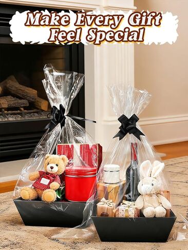 Beeplove 6 Sets Large Thick Kraft Baskets for Gifts Empty - Gift Baskets Empty Kit with Cellophane Wrap and Pull Bows for Valentine's Day Wedding Birthday Bridesmaid Baby Shower, Black in Saudi Arabia