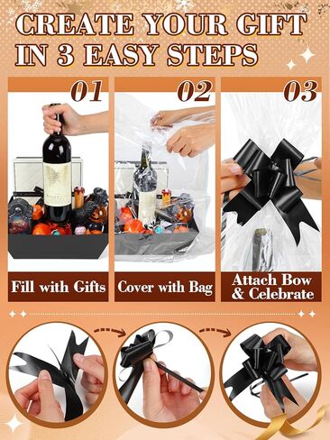 Beeplove 6 Sets Large Thick Kraft Baskets for Gifts Empty - Gift Baskets Empty Kit with Cellophane Wrap and Pull Bows for Valentine's Day Wedding Birthday Bridesmaid Baby Shower, Black in Saudi Arabia