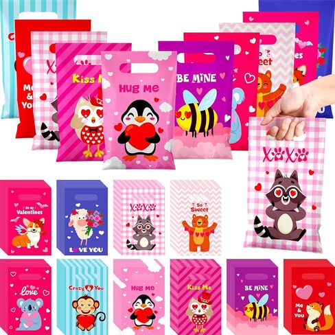 Sweetude 100 Pcs Valentine's Day Plastic Gift Bags Cute Animal Treat Bags 9.8 x 6.3 Inches Valentine Party Favor Bags Merchandise Bags Goodie Bags with Handle for Valentine Party Supplies in Saudi Arabia