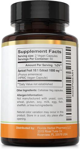 Florida Herbal Pharmacy، كبسولات المشمش 10:1 (120 كبسولة) 500 مجم لكل كبسولة، 1000 مجم (عبوة من قطعة واحدة) in Kuwait