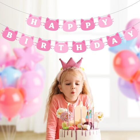 زينة حفلات أعياد الميلاد الكرتونية المرحة، لافتة عيد ميلاد سعيد معلقة، إكليل لتزيين الحفلات الكرتونية، لوازم خلفية الصور (وردي، قطة) in Kuwait