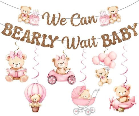 We Can Bearly Wait Baby Shower Decorations - Bear Baby Shower Decorations We Can Bearly Wait Sign Glitter Brown Banner with Hanging Swirls for Baby Girl Gender Reveal Party Supplies in Saudi Arabia