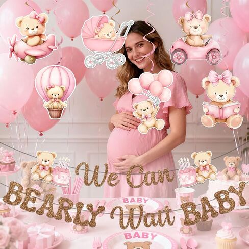 We Can Bearly Wait Baby Shower Decorations - Bear Baby Shower Decorations We Can Bearly Wait Sign Glitter Brown Banner with Hanging Swirls for Baby Girl Gender Reveal Party Supplies in Saudi Arabia
