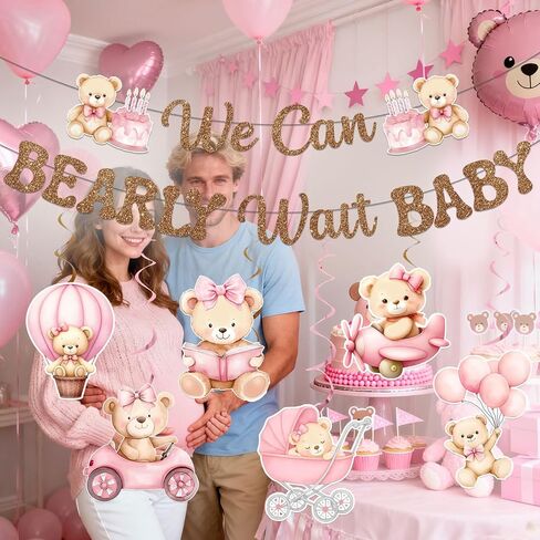 We Can Bearly Wait Baby Shower Decorations - Bear Baby Shower Decorations We Can Bearly Wait Sign Glitter Brown Banner with Hanging Swirls for Baby Girl Gender Reveal Party Supplies in Saudi Arabia
