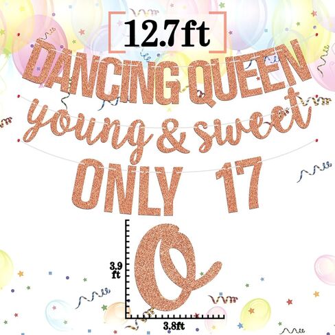 Dancing Queen Young Sweet & Only 17 Banner, Seventeen, Hello 17, Happy 17th Birthday Party Decorations Supplies for Her, Rose Gold Glitter in Saudi Arabia