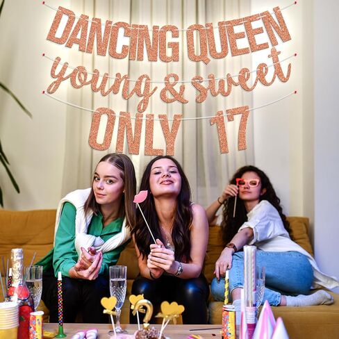 Dancing Queen Young Sweet & Only 17 Banner, Seventeen, Hello 17, Happy 17th Birthday Party Decorations Supplies for Her, Rose Gold Glitter in Saudi Arabia