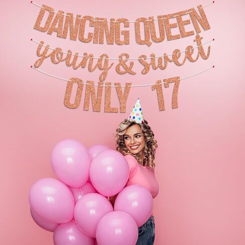 Dancing Queen Young Sweet & Only 17 Banner, Seventeen, Hello 17, Happy 17th Birthday Party Decorations Supplies for Her, Rose Gold Glitter in Saudi Arabia