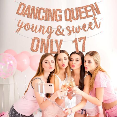 Dancing Queen Young Sweet & Only 17 Banner, Seventeen, Hello 17, Happy 17th Birthday Party Decorations Supplies for Her, Rose Gold Glitter in Saudi Arabia