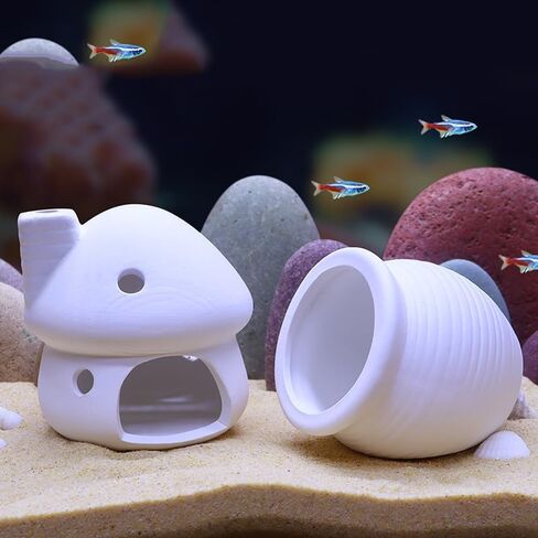 Ceramic Aquarium Decoration Jar – White Betta Fish Tank Ornament, Natural Hiding Cave with 8cm / 3.15inch Dia. Round Opening – Aquascape Décor for Fish, Shrimp, Reptiles use in Saudi Arabia
