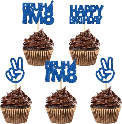 24Pcs Bruh I'm 8 Cupcake Toppers - Blue Glitter | Happy 8th Birthday, Cheers to 8 Years Cupcake Picks Decorations | Kids Boys Girls 8th Birthday Party Supplies in Kuwait