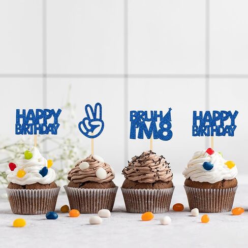 24Pcs Bruh I'm 8 Cupcake Toppers - Blue Glitter | Happy 8th Birthday, Cheers to 8 Years Cupcake Picks Decorations | Kids Boys Girls 8th Birthday Party Supplies in Kuwait