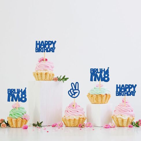 24Pcs Bruh I'm 8 Cupcake Toppers - Blue Glitter | Happy 8th Birthday, Cheers to 8 Years Cupcake Picks Decorations | Kids Boys Girls 8th Birthday Party Supplies in Kuwait