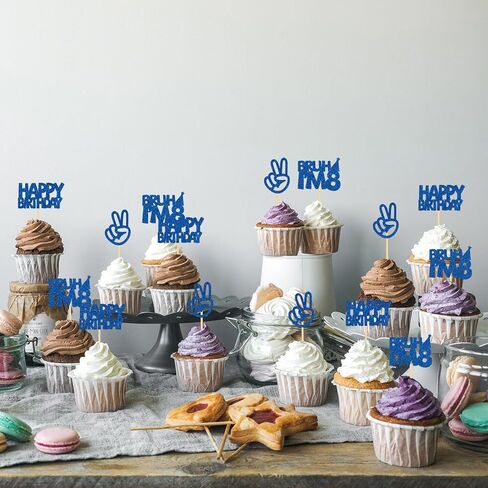 24Pcs Bruh I'm 8 Cupcake Toppers - Blue Glitter | Happy 8th Birthday, Cheers to 8 Years Cupcake Picks Decorations | Kids Boys Girls 8th Birthday Party Supplies in Kuwait